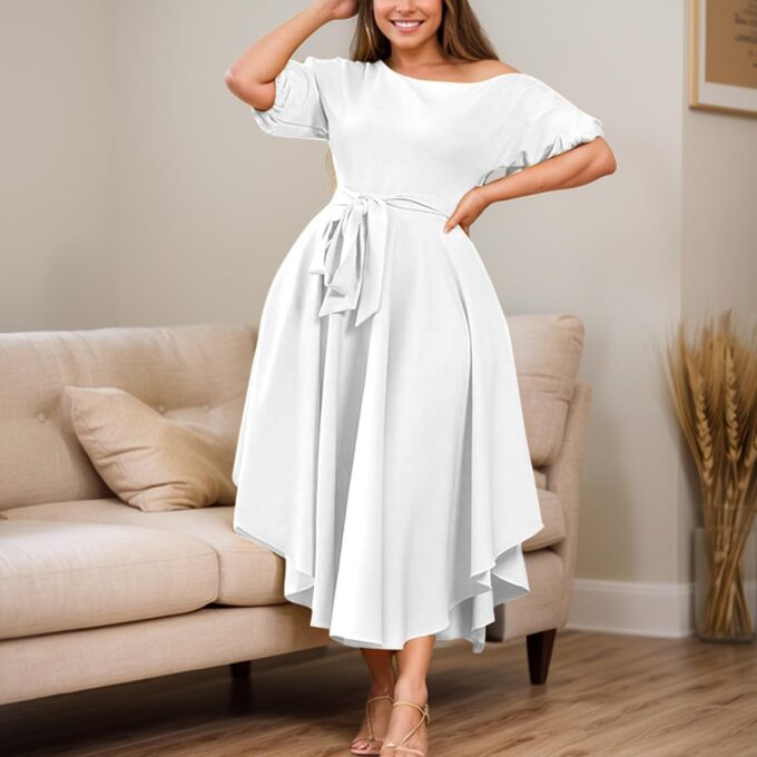 Plus Size Women Wedding Guest Dress Off Shoulder Boat Neck Irregularly Flowy Midi Church Dress – Bild 3