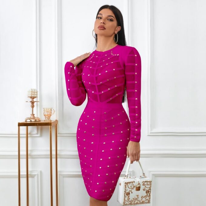 Mesh Beaded Long Sleeve Bandage Dress Knee Length Bandage Dress Cocktail Party Dress – Bild 3