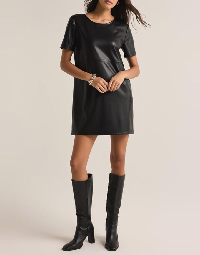 Women's Faux Leather Mini Dress Short Sleeve Leather Tunic Dress A-Line Party Dress – Bild 2