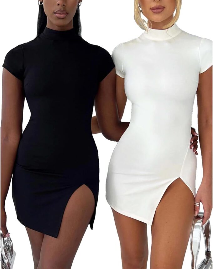 Women's 2024 Summer Sexy Short Sleeve Mock Neck Cut Out Backless Side Slit Drawstring Bodycon Mini Dress Clubwear – Bild 3