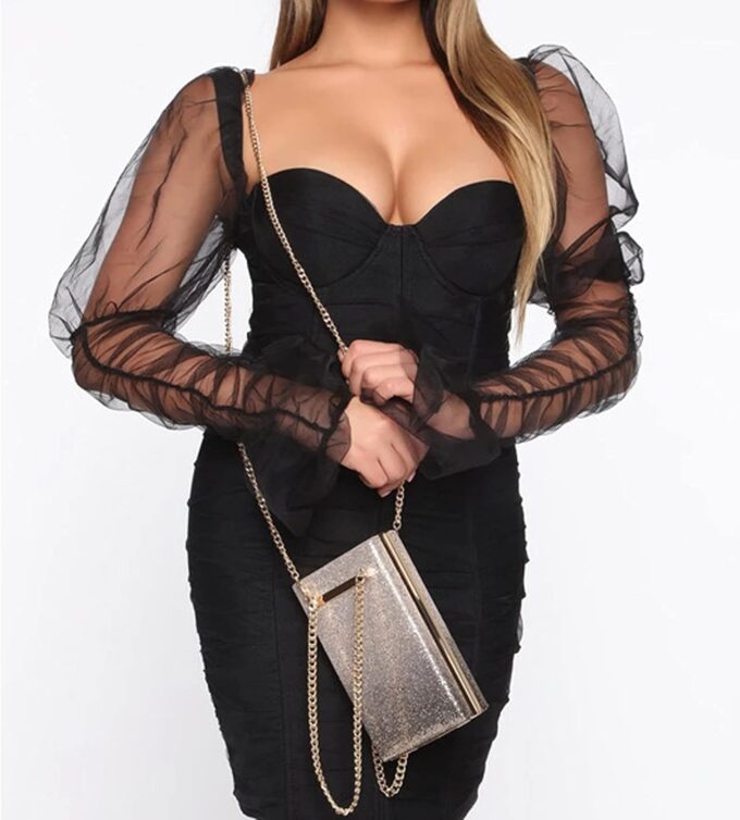 Uni Clau Women Sexy Mesh Sheer Puff Long Sleeve Mini Dress Bodycon Deep V Neck Patchwork Party Clubwear Dress – Bild 3