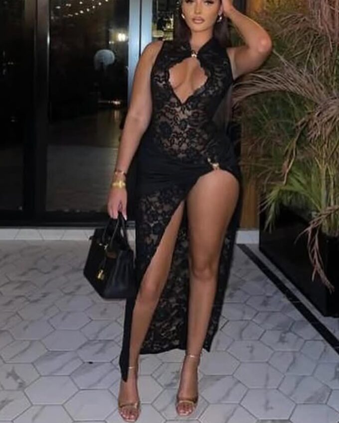 Black Lace Sheer Maxi Dress Sexy Outfit for Women Hollow Out High Slit Skirt Bodycon Clubwear Elegant Party Wear – Bild 5