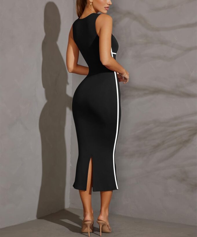 Lrady Women's Square Neck Dresses Long Sleeve Contrast Binding Split Bodycon Mermaid Evening Cocktail Party Dress – Bild 2