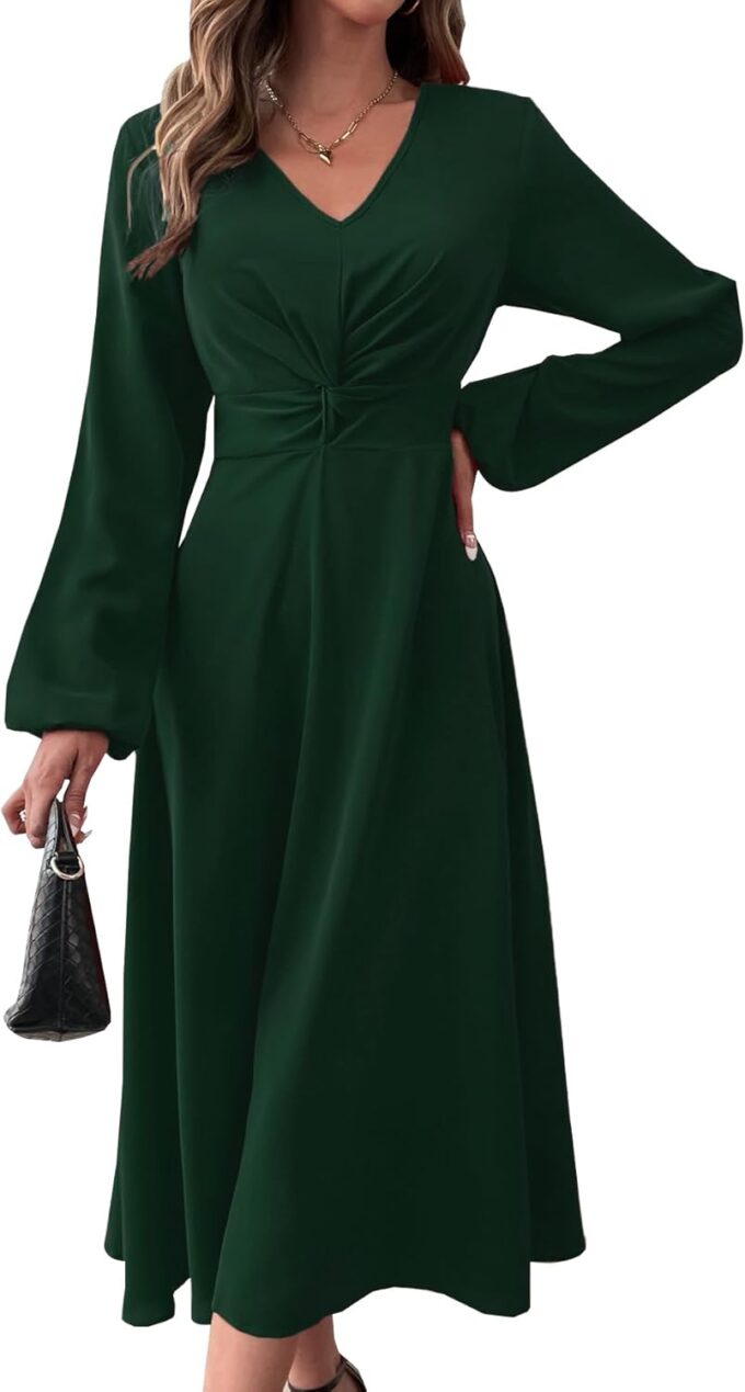 LalaLin Long Sleeve Wedding Guest Dress for Women V-Neck Twist Waist Cocktail Party Maxi Dresses – Bild 2