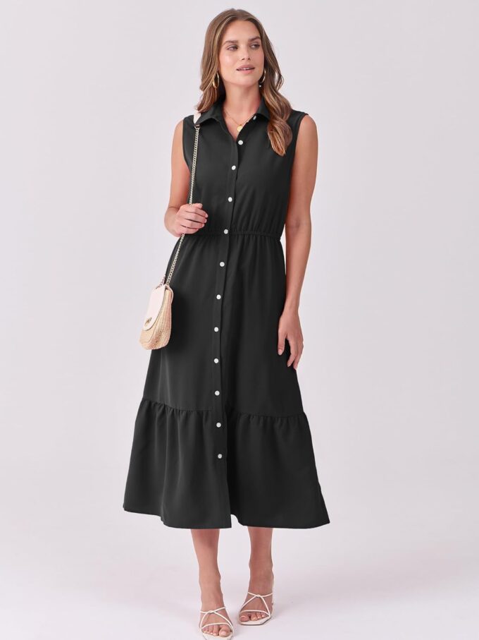 ANRABESS Womens Summer Button Down Maxi Shirt Dress Sleeveless Collared Tiered Work Dresses Beach Sundress with Pockets – Bild 3