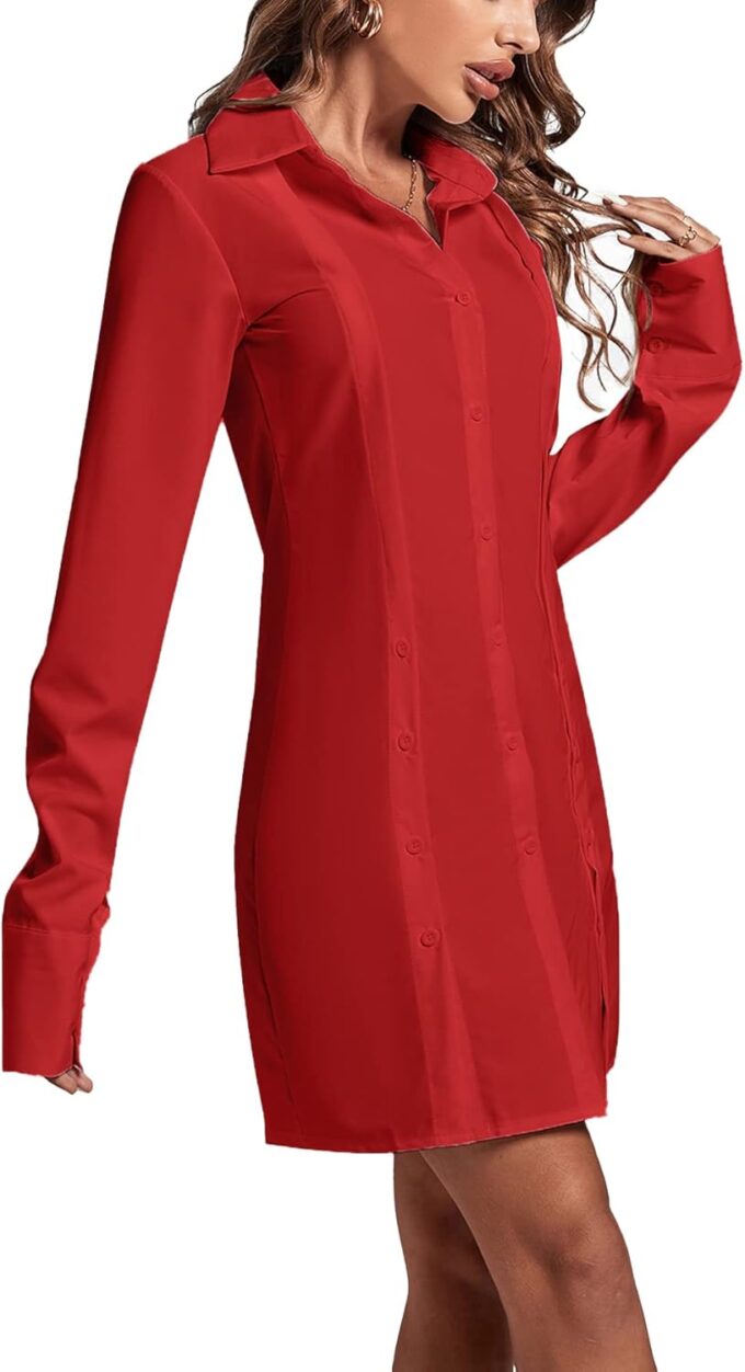 LYANER Women's Lapel Collar Buttons Down Side Slit Long Sleeve Mini Shirt Dress – Bild 5
