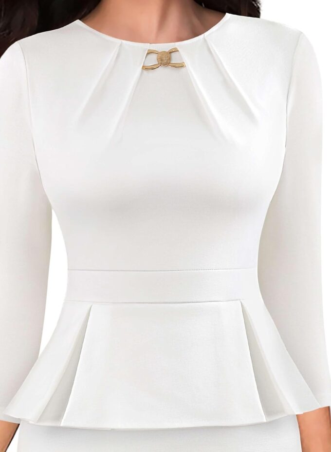 VFSHOW Damen-Bleistiftkleid, plissiert, Rundhalsausschnitt, Schößchen, Büro, Business, Rücken, geteilt, Arbeit, Kirche, schmale Passform, knielang, figurbetontes Bleistiftkleid – Bild 3