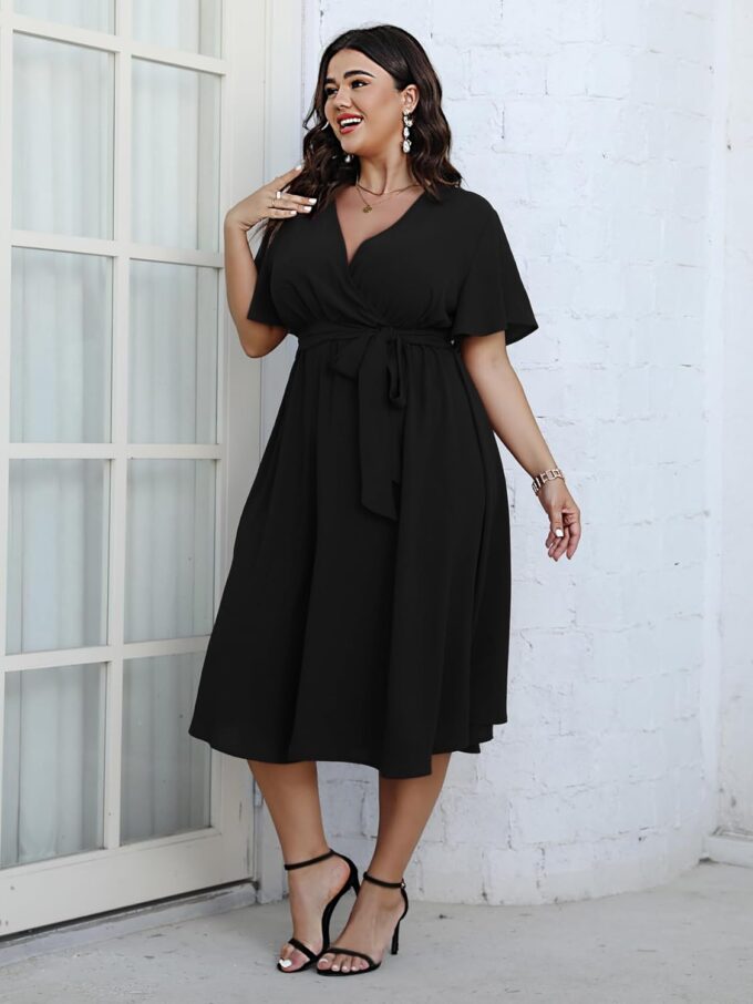 SCOMCHIC Womens Plus Size Wedding Guest Cocktail Midi Dress Summer Short Sleeve Wrap V Neck Belted A-Line Flowy Dress – Bild 7