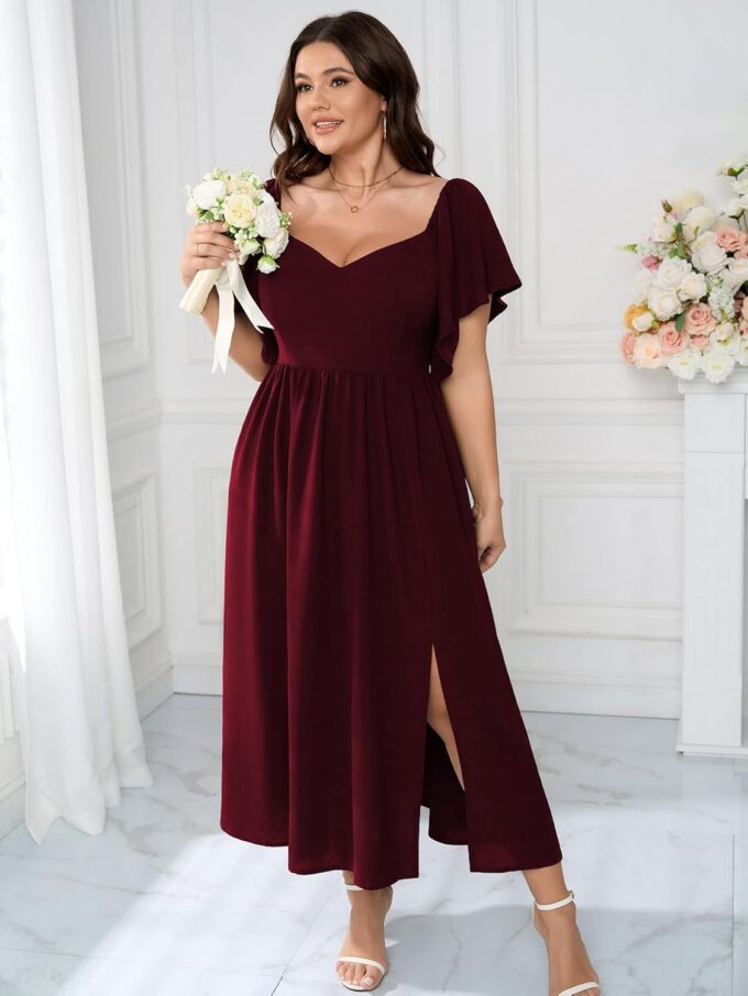 SCOMCHIC Women Plus Size Dresses Short Sleeve Sweetheart Neckline Wedding Guest Cocktail Smocked A Line Slit Maxi Dress – Bild 3