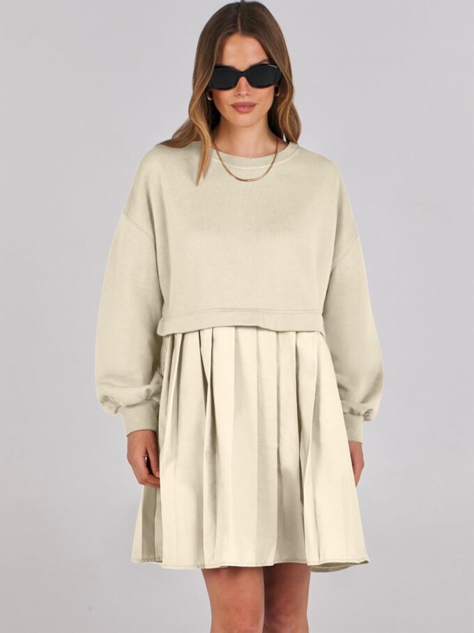 ANRABESS Women Sweatshirts Dress Oversized Long Sleeve Patchwork Casual Loose Pleated Pullover Mini Dress Fall Outfits 2025 – Bild 5