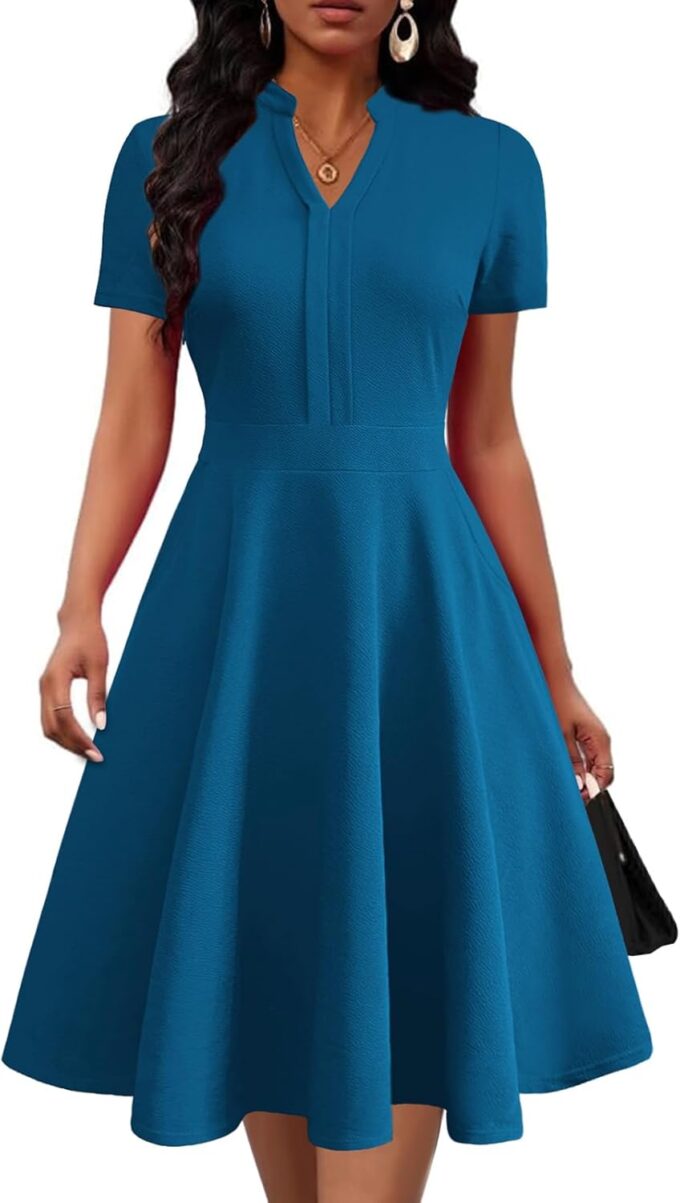 Mokayee Womens Summer Short Sleeve V Neck Fit and Flare Semi Formal Work Wedding Guest Dresses with Pockets