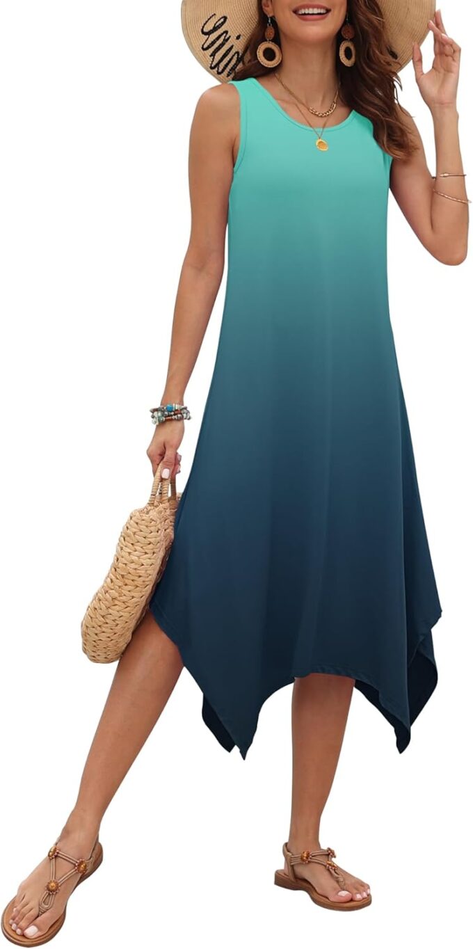 AUSELILY Women's Summer Dresses 2025 Casual Sleeveless Sundress Asymmetrical Hem Midi Tank Beach Dress with Pockets