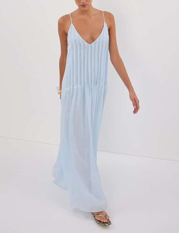 MISSACTIVER Women V Neck Pleated Maxi Dress Sleeveless Backless Long Dress Adjustable Spaghetti Straps Elegant Summer Dresses – Bild 5