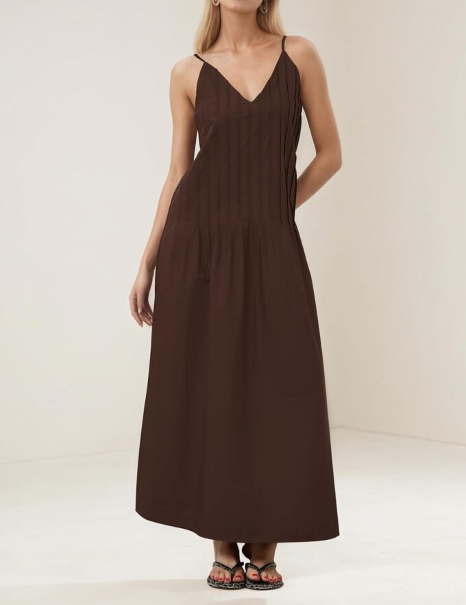 Maxi Dress for Women Spaghetti Strap V Neck Long Summer Sundresses Flowy Vacation Beach Pleated Dress – Bild 2