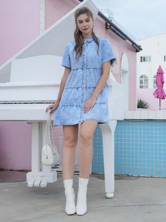 Denim Dress for Women Button Down Short Sleeves Casual Summer Jean Shirt Babydoll Denim Dress – Bild 3