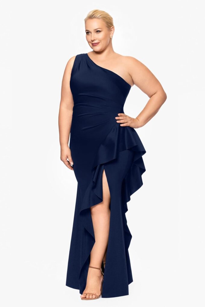 Xscape Women's Plus One Shoulder Ruffle Bodice Floor Length Side Slit Evening Dress – Bild 2