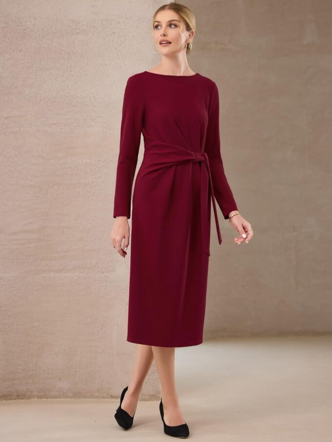 Hobemty Knielanges Bleistiftkleid für Damen, lange Ärmel, zum Binden an der Taille, Kirche, Arbeit, Etuikleider – Bild 3