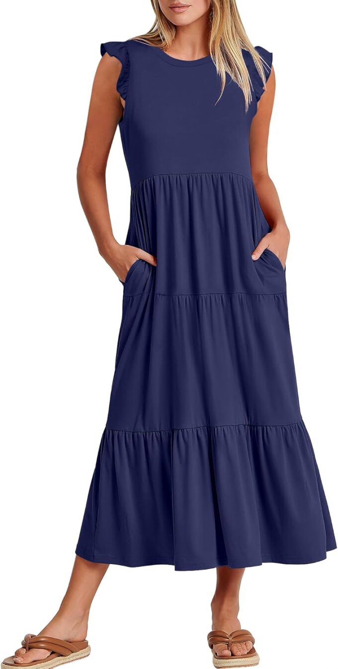 ANRABESS Women Summer Casual Ruffle Sleeveless Maxi Dress A-Line Flowy Tiered Beach Long Sundress with Pockets