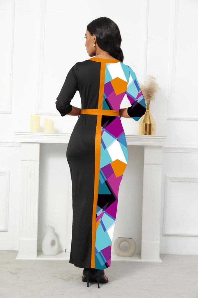 Damen V-Ausschnitt Split Bodycon Floral Maxi Bleistiftkleid Cocktail Party Büro Business 3/4 Ärmel Slim Print Kirchenkleider – Bild 6
