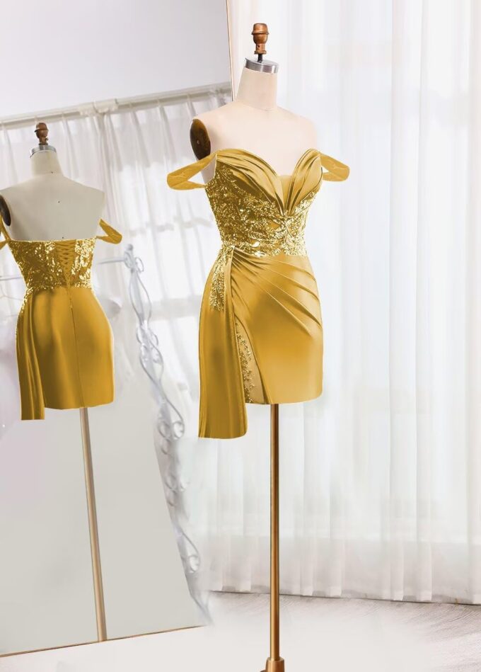 Off Shoulder Satin Homecoming Dresses for Teens 2025 Beaded Short Prom Dresses Pleated Cocktail Party Dress with Slit Tail – Bild 3