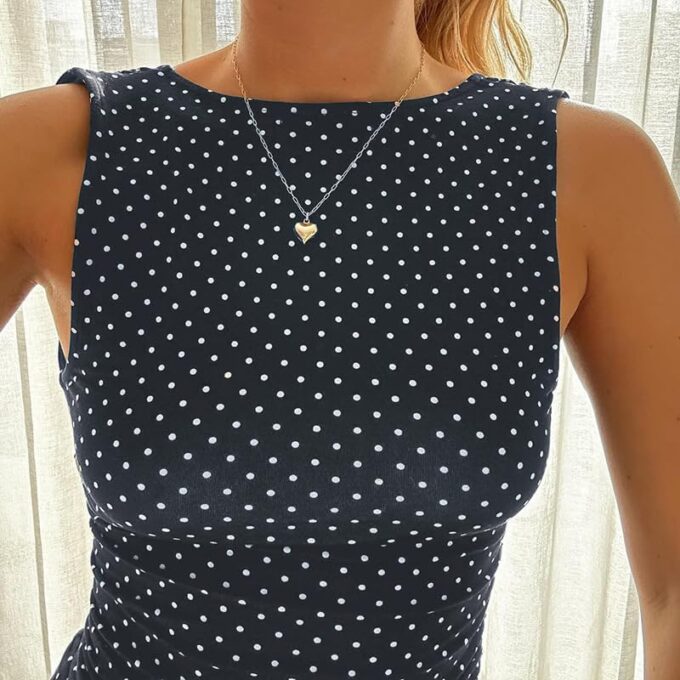 Polka Dot Mini Dress for Women Sleeveless Round Neck Bodycon Flared Hem Casual Summer Outfit 2025 – Bild 6