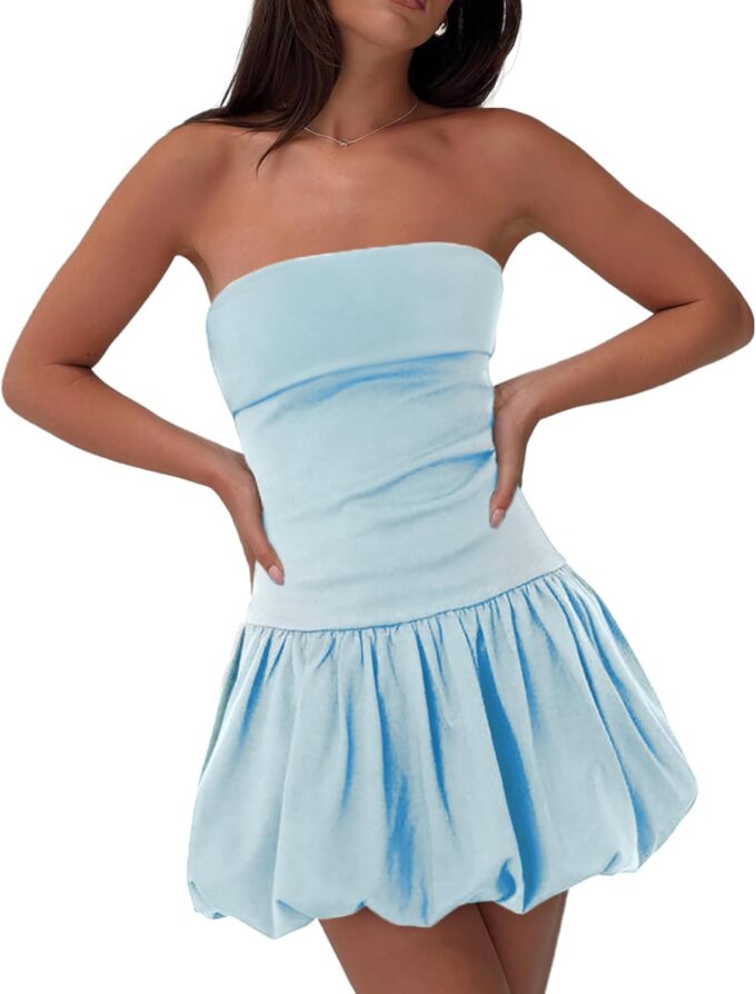 HYPERFIRE Women's Elegant Strapless Tube Bubble Mini Dress Bow Back Dresses Wedding Club Party
