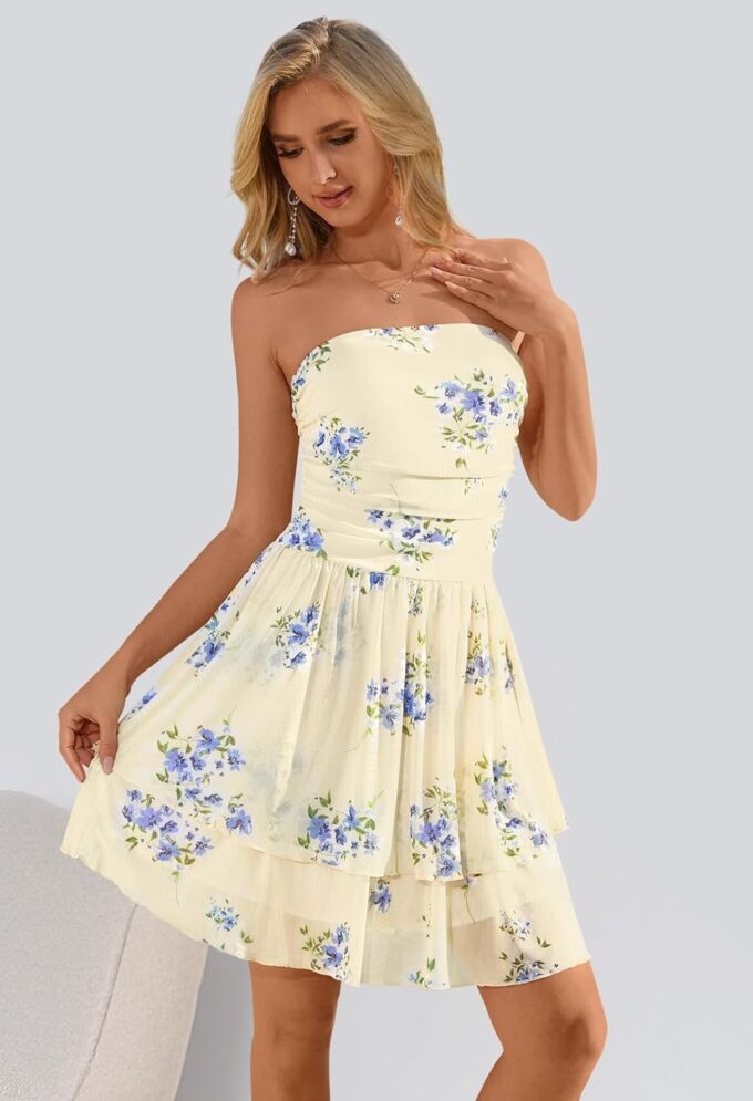 MEROKEETY Women's Summer Floral Strapless Tube Dress Boho Off Shoulder Ruffle Tiered Mini Sundress – Bild 2