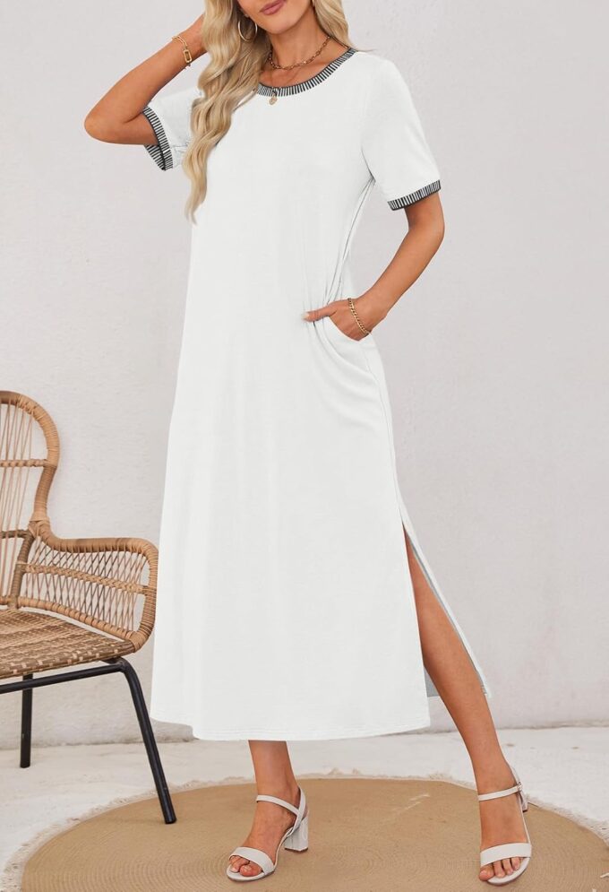 MEROKEETY Women's 2025 Summer Casual Maxi Dress Spring Beach Vacation Short Sleeve Crewneck Split Midi T Shirt Dresses – Bild 4