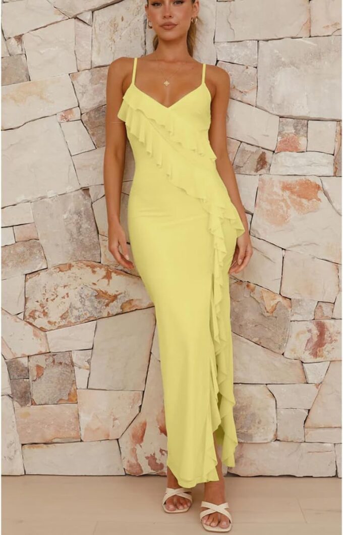 Women's Sexy V Neck Maxi Dress Backless Bodycon Spaghetti Strap Mesh Ruffle High Slit Cocktail Party Formal Dresses – Bild 2