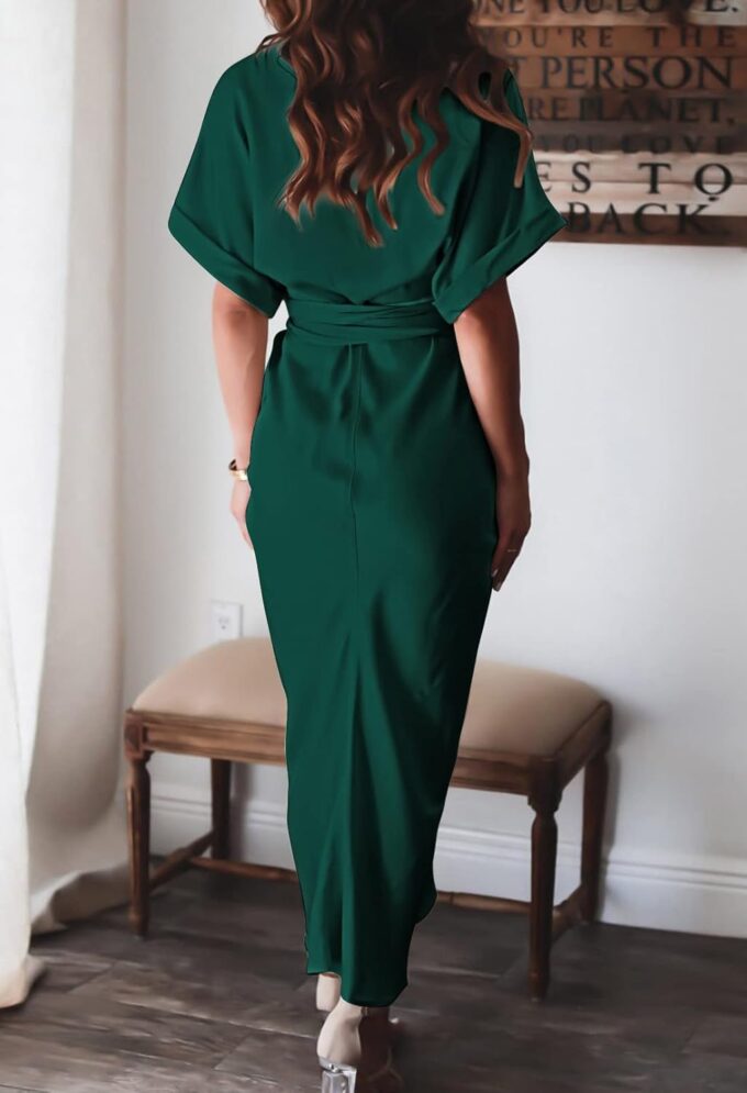 Women Elegant Satin Button Down Short Sleeve Maxi Shirt Dress with Belt – Bild 7