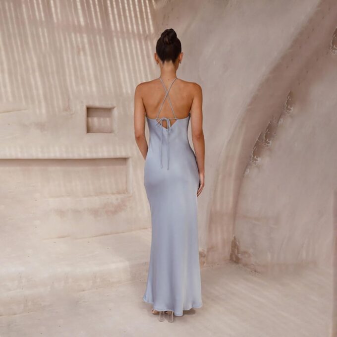 Women's Satin Bodycon Maxi Dress Elegant Formal Spaghetti Strap Backless Cocktail Dresses Wedding Guest – Bild 4