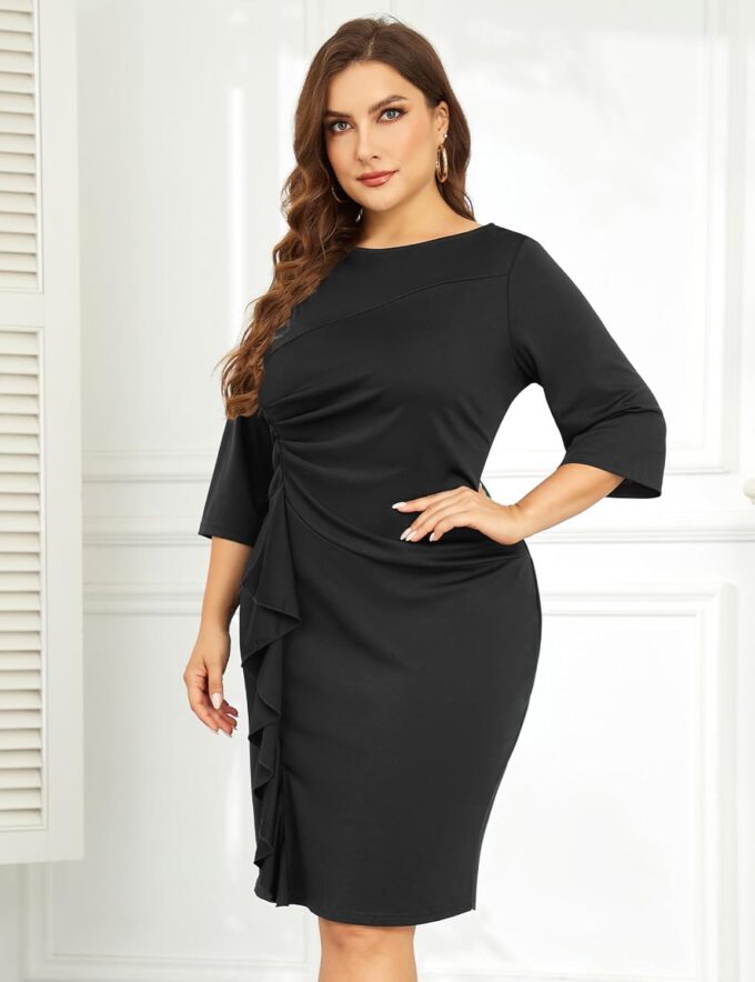 ZOMVA Übergröße 1X-4X Damen Bodycon 3/4 Ärmel Rüschen Midi Kleid Vintage Rundhals Bleistiftkleid Arbeit Kirche Cocktail Formell – Bild 6