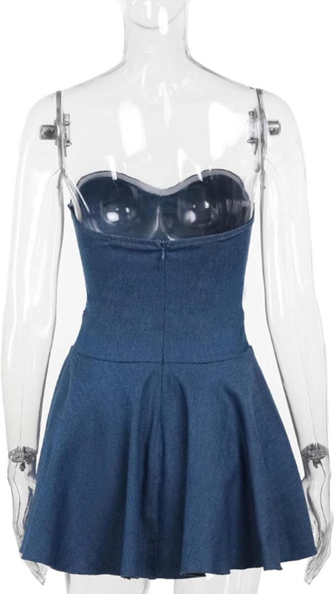 SEMATOMALA Women's Strapless Tube Top Flared Denim Mini Dress A-Line Ruffle Off Shoulder Pleated Skater Jeans Dresses – Bild 6