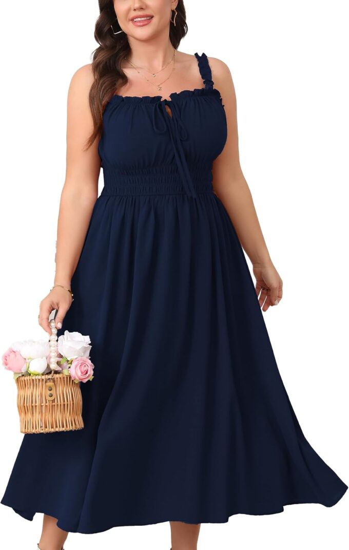 Womens Plus Size Summer Maxi Dress Sleeveless Casual Boho Spaghetti Strap Smocked Long Beach Sun Dresses