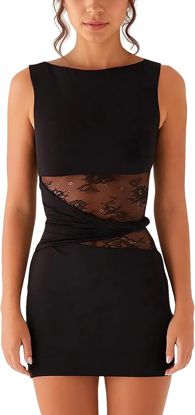 Women's Sexy Bodycon Mini Dress Sleeveless Slim Fit Cut Out Lace Waist Short Dresses Club Party Casual Going Out Clothes – Bild 7