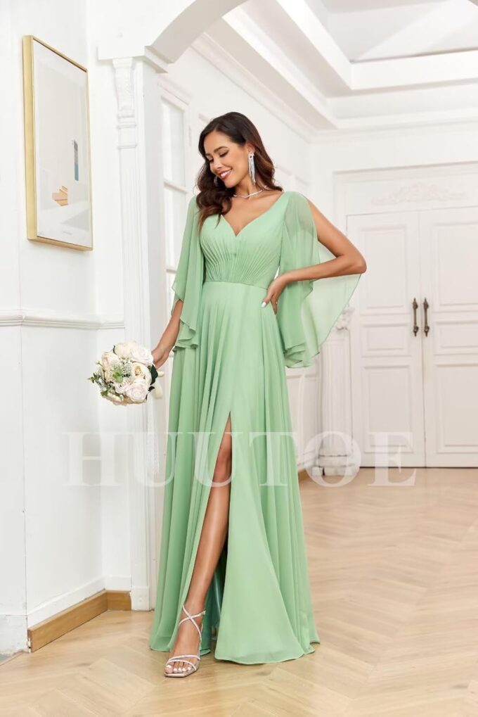 Chiffon Mother of Bride Dresses for Wedding V Neck Bridesmaid Dress with Slit Formal Dresses for Women Wedding Guest – Bild 2