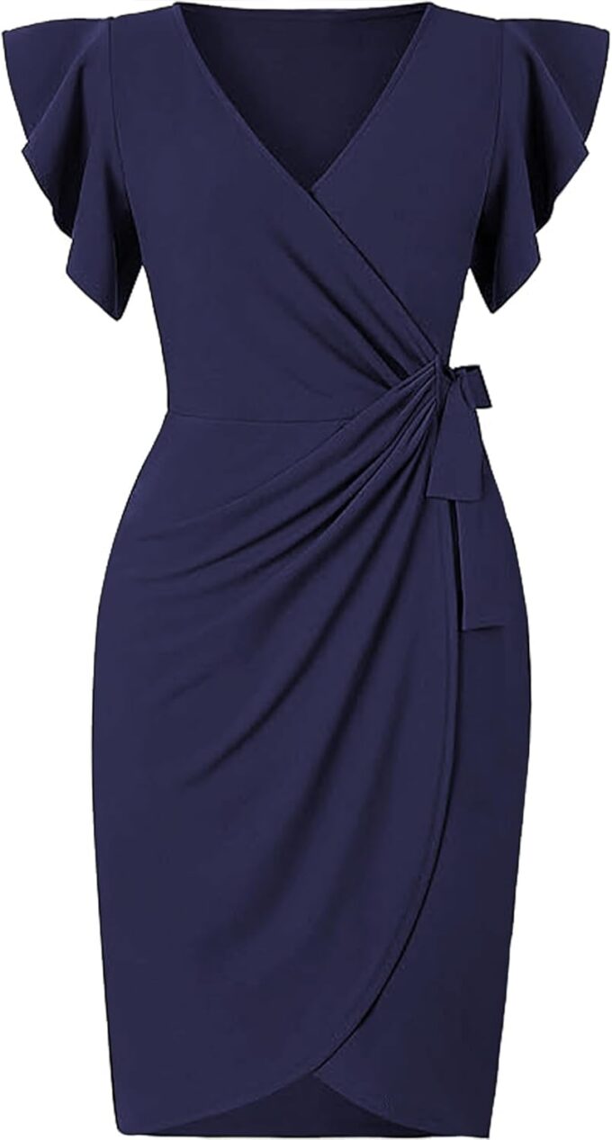 2024 Damen-Wickelkleid mit tiefem V-Ausschnitt, Rüschenärmel, Übergröße, formelle Arbeit, Cocktailparty, elegant, gerüscht, Midi-Wickelkleid mit Gürtel – Bild 2