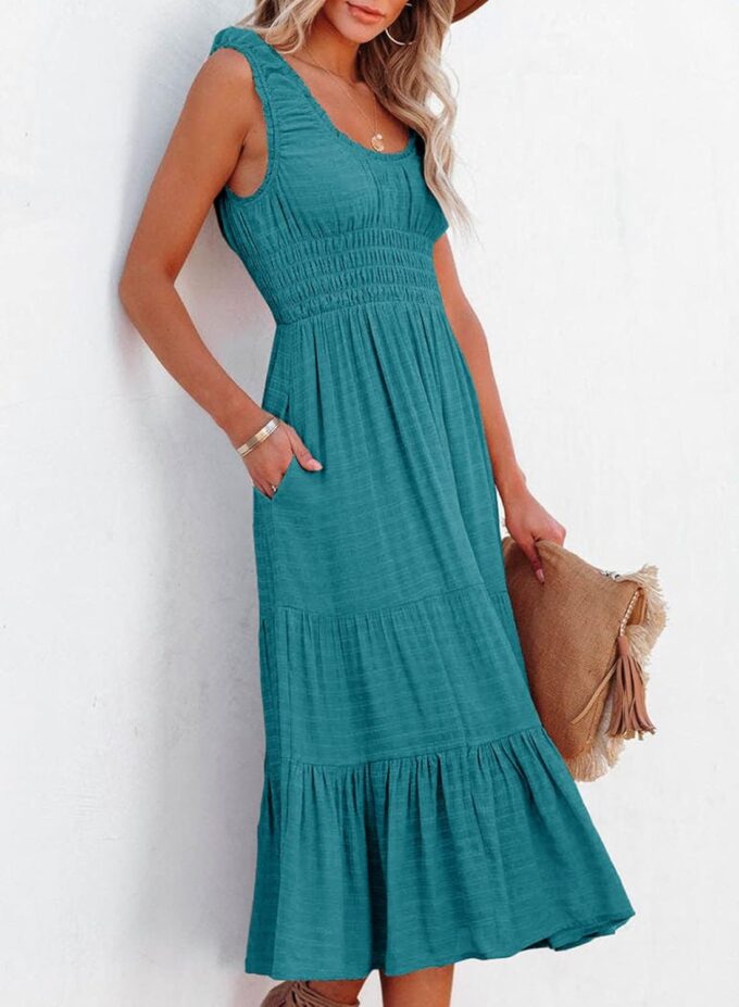 AlvaQ Women Summer Dresses Sleeveless Smocked Midi Dress High Waist Casual Tiered A Line Sundress with Pockets – Bild 3