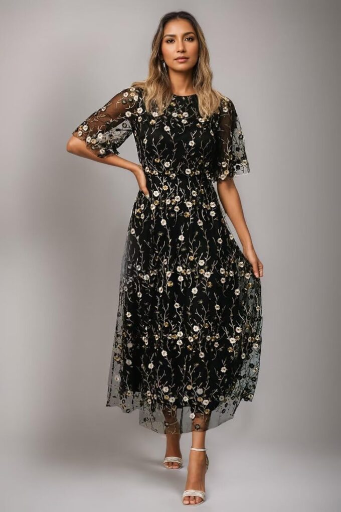 Flower Embroidery Tea Length Mother of The Bride Dresses Short Sleeves A-Line Formal Gowns for Prom Wedding Party DR0590 – Bild 3