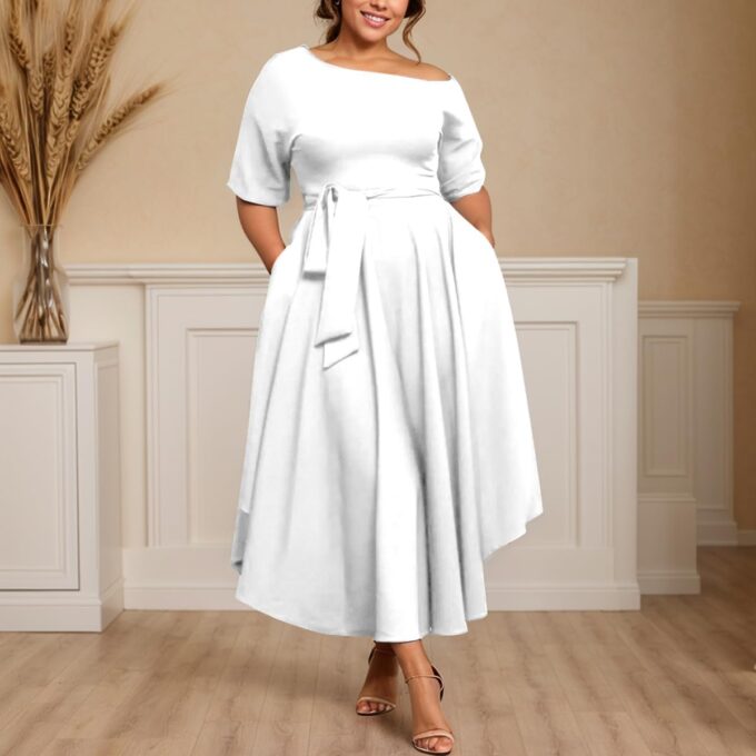 Plus Size Women Wedding Guest Dress Off Shoulder Boat Neck Irregularly Flowy Midi Church Dress – Bild 4