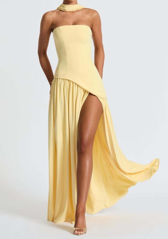 Women's Elegant Strapless Long Dress with Scarf Cocktail Wedding Guest Prom Maxi Dresses with Slit – Bild 3