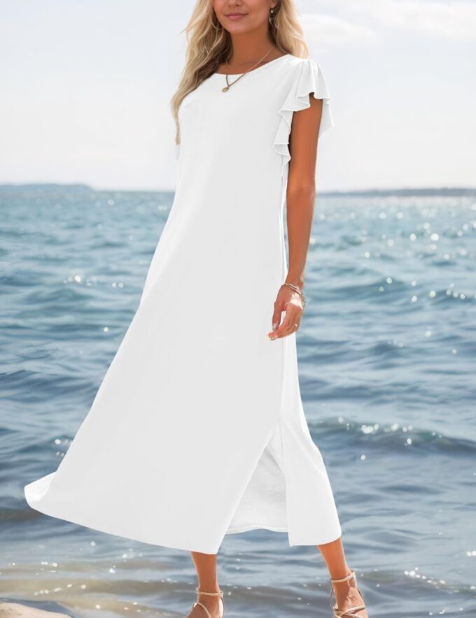 Zilcremo Women Summer Casual Ruffle Sleeve Loose Sundress Round Neck Split Long Maxi Beach Dress with Pockets – Bild 5