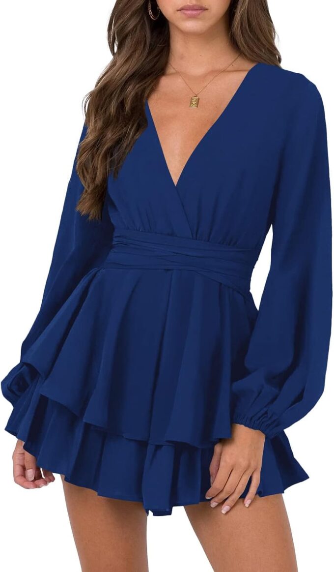 Nova In Sky Womens Sexy V Neck Long Sleeve Tie Waist Ruffle Hem Flowy Swing Mini Short Wrap Dress
