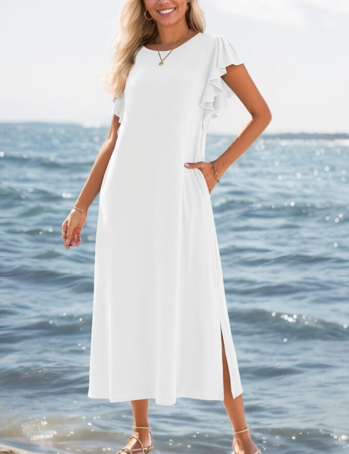 Zilcremo Women Summer Casual Ruffle Sleeve Loose Sundress Round Neck Split Long Maxi Beach Dress with Pockets – Bild 6