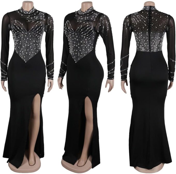 WOKANSE Women's Formal Dresses Mock Neck Sexy Mesh See Through Long Sleeve High Slit Sparkly Rhinestone Prom Dress – Bild 5