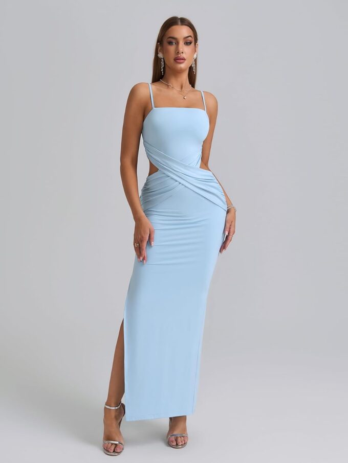 EYNMIN Spaghetti Strap Long Formal Dress Cut Out Ruched Bodycon Split Elegant Wedding Guest Maxi Dresses for Women – Bild 5