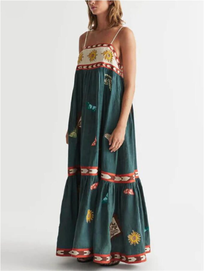Thopavenoir Boho Floral Print Midi Dress for Women Long Sleeve V Neck Tiered Long Dresses Smocked Beach Bohemian Sundress – Bild 2