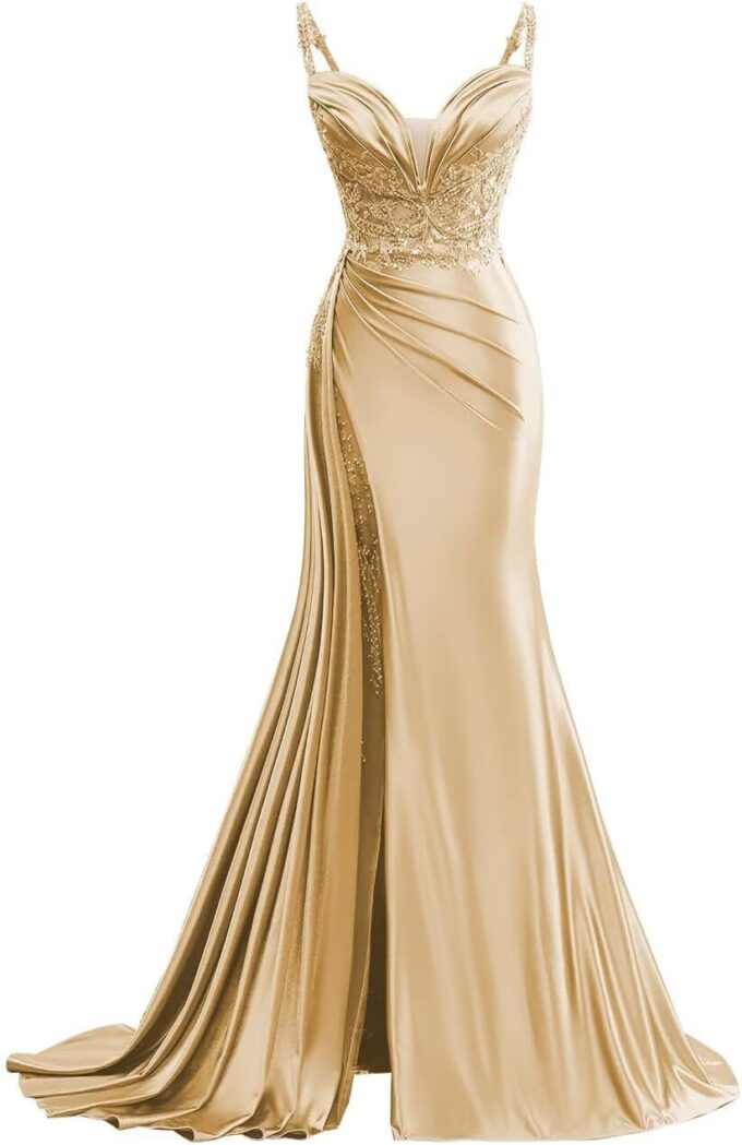 V Neck Satin Prom Dresses Long Mermaid Lace Evening Gown with Slit Pleated Bodycon Formal Dress with Tail
