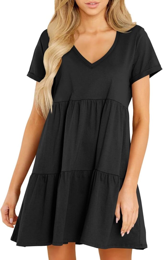 Cosonsen Womens Summer Casual Dresses 2025 Short Sleeve V-Neck Tshirt Dress Flowy Babydoll Dress – Bild 3