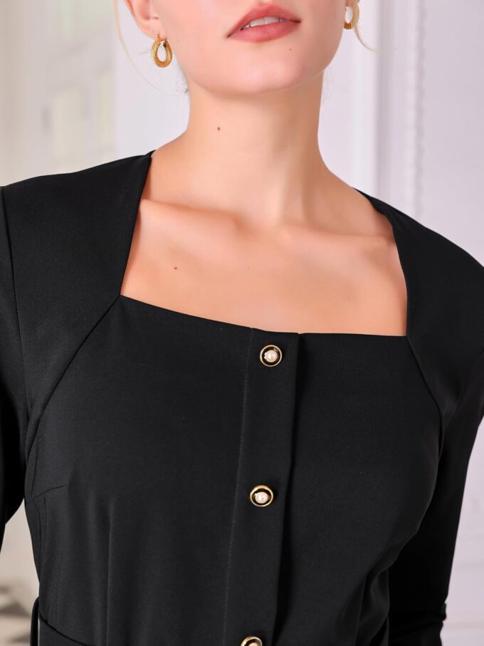 Hobemty Damen-Pancil-Kleid mit quadratischem Ausschnitt, langärmelig, mit Gürtel, geknöpft, für Arbeit und Büro – Bild 4